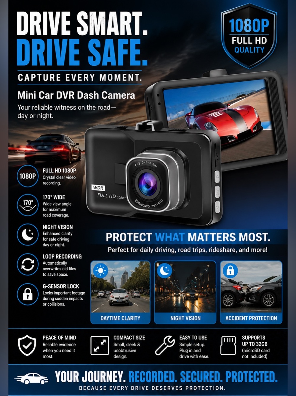 Mini Car DVR Dash Camera - Black - WDR Full HD 1080P
